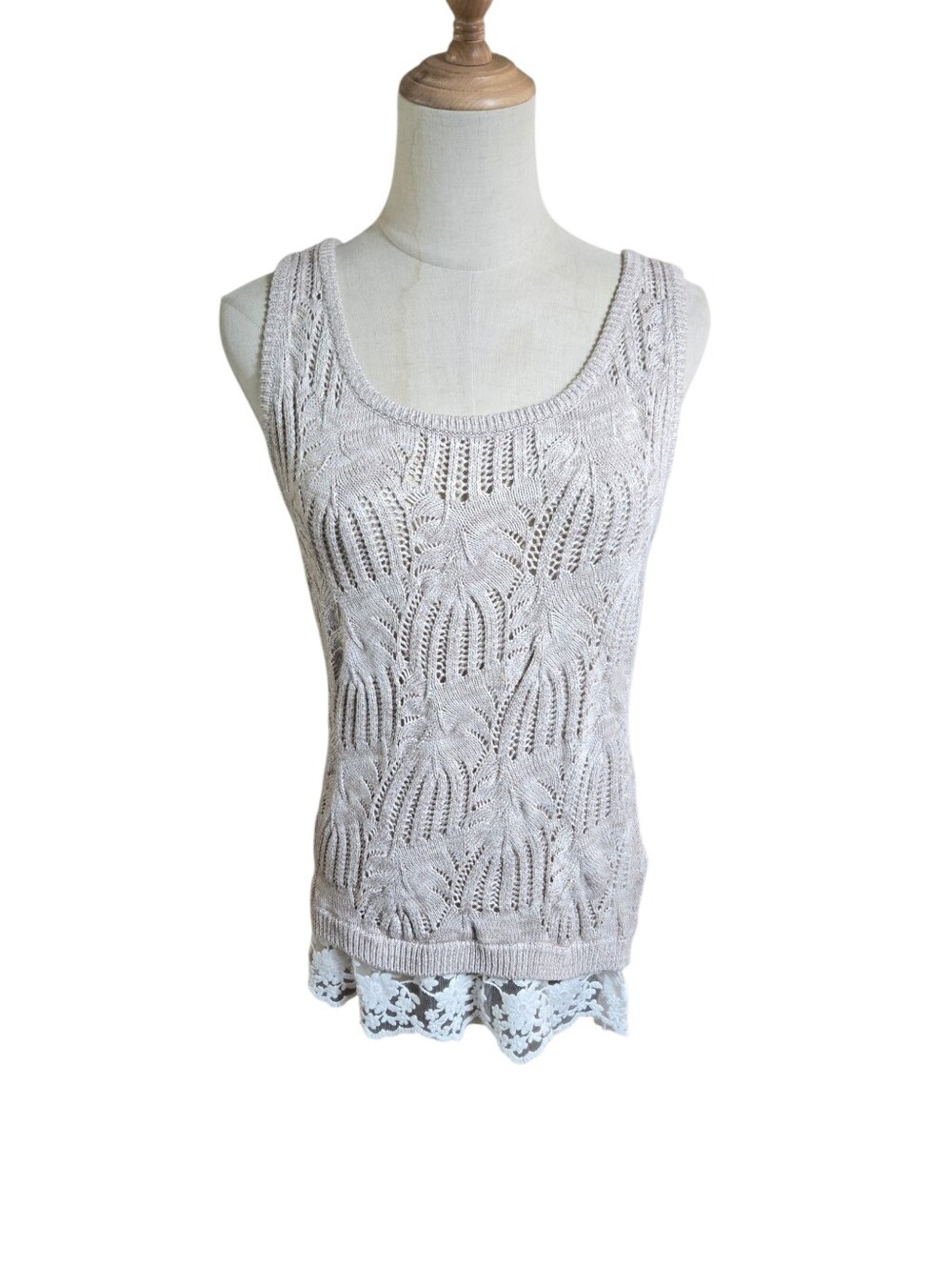 INC International Concepts Y2k/90s Light Beige Knit Layered LaceTank Top